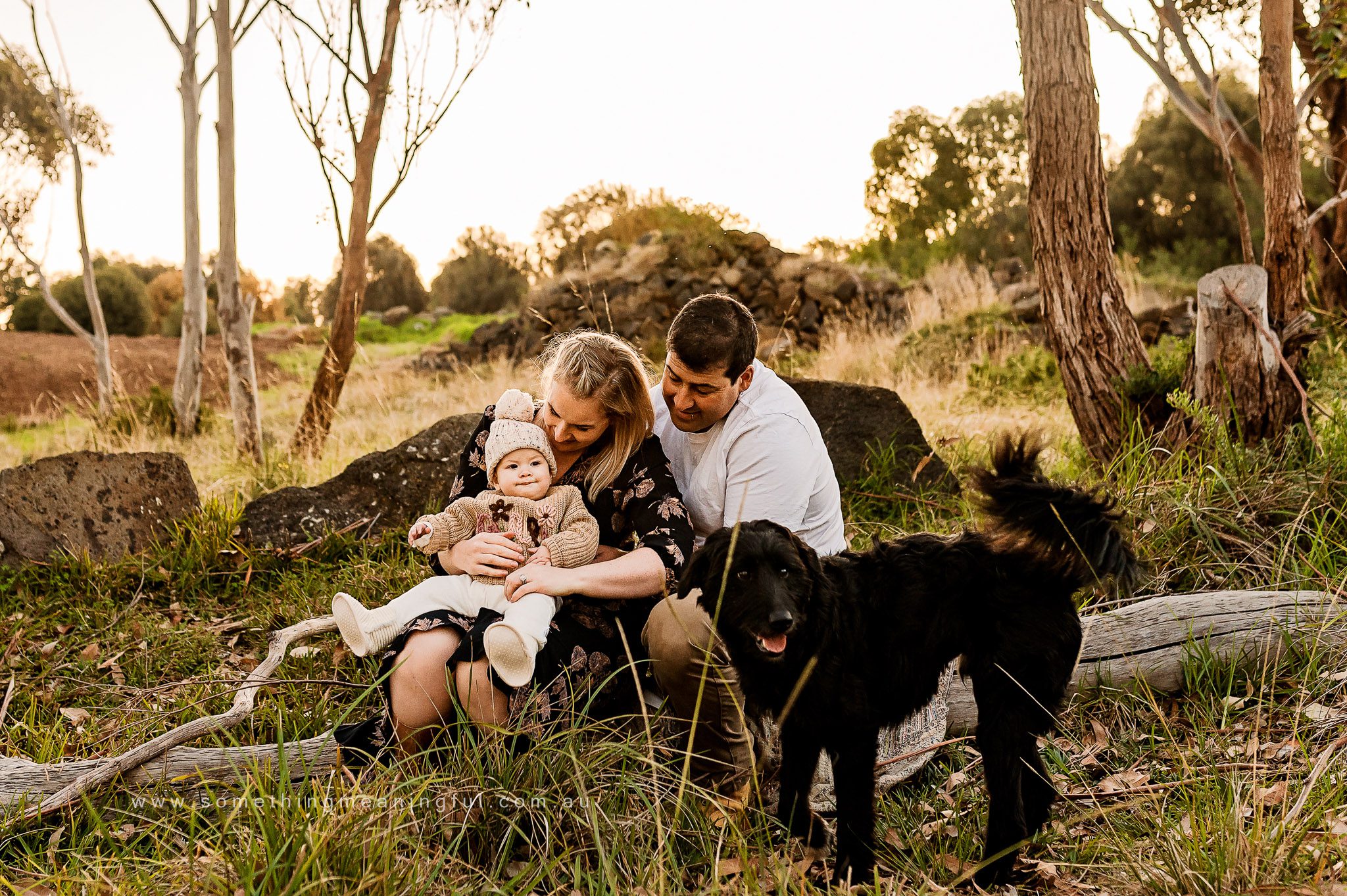 A family of three sits on a log in a wooded area at sunset, with a black dog standing in the foreground. Captured by a Melbourne family photographer, the parents hold their young child, enjoying precious moments together outdoors.