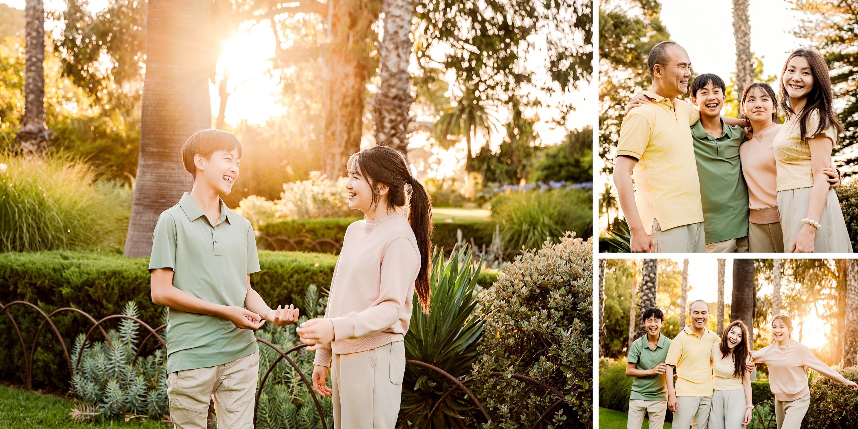 A family enjoys a sunny day outdoors. On the left, two children smile at each other in a garden. On the right, three smaller photos capture relaxed family photography Melbourne style, with all four posing together among lush greenery at Williamstown Botanic Gardens in Melbourne's West.